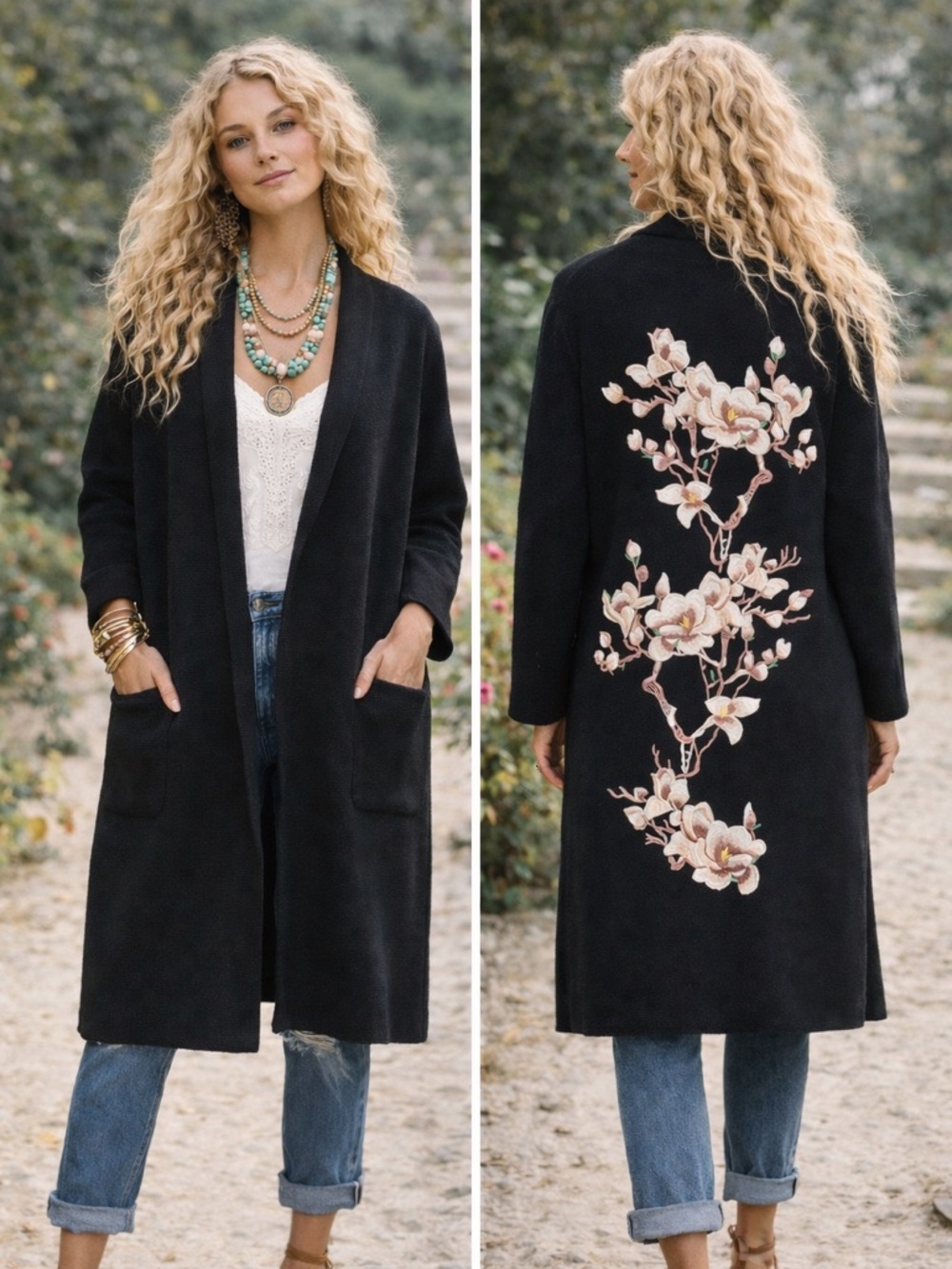 Chicos Embroidered Sweater Coat Magnolia Floral Size 2P - Large